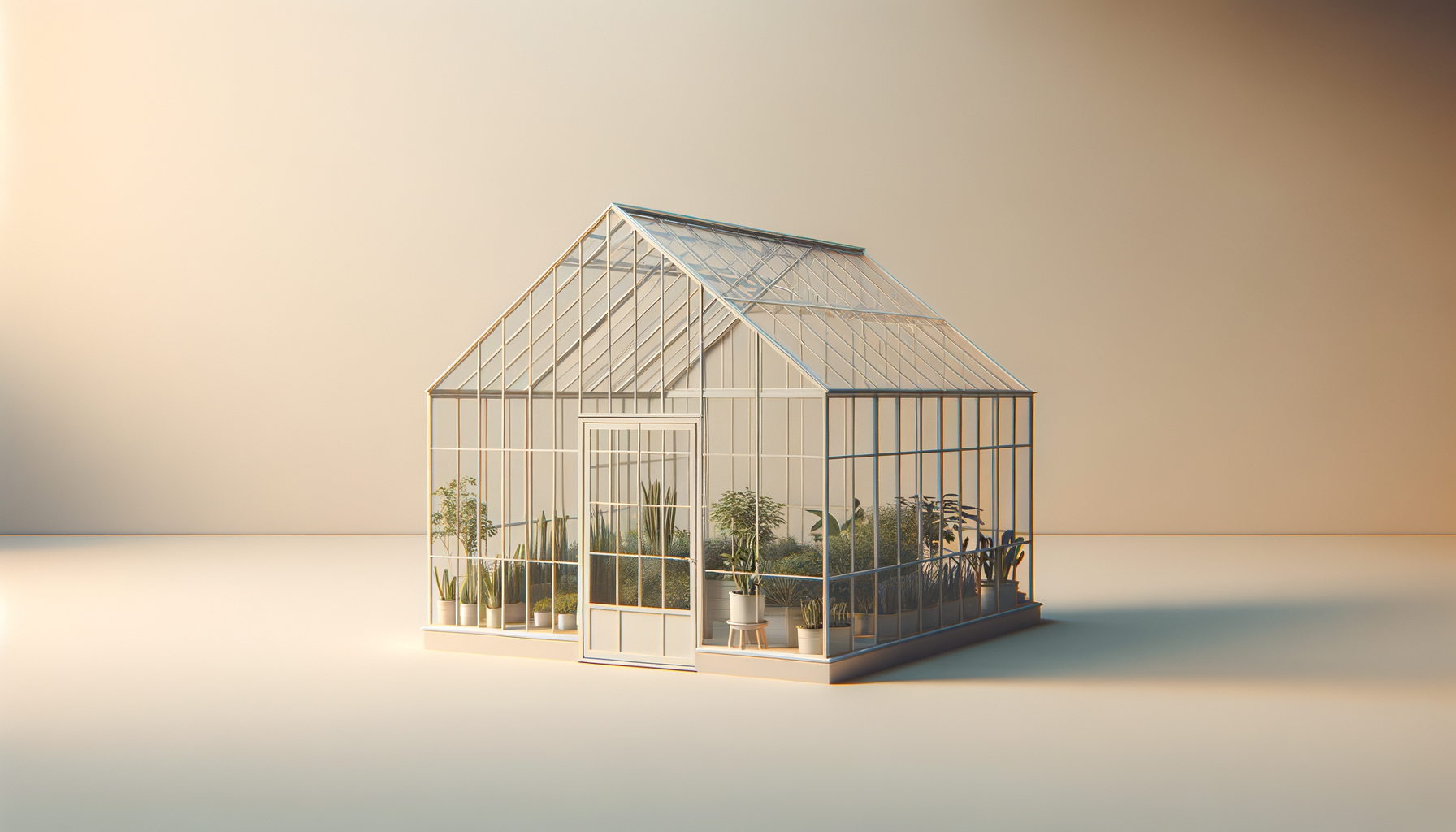 A small glass greenhouse with potted plants inside, set against a plain, lightly-colored background.