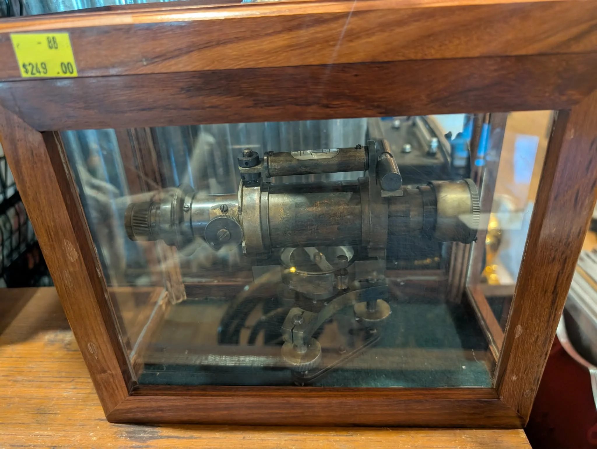 Vintage Brass Theodolite in Wooden Display Case