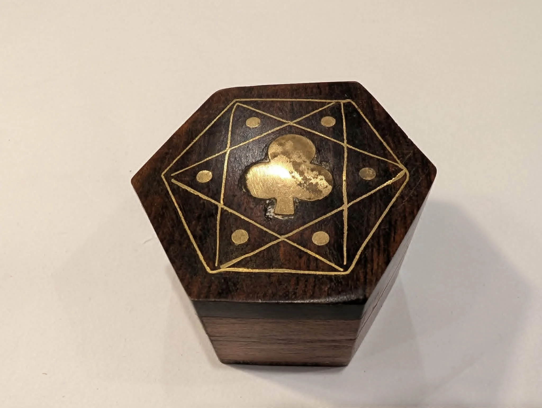 Hexagonal Wooden Trinket Box with Brass Inlay