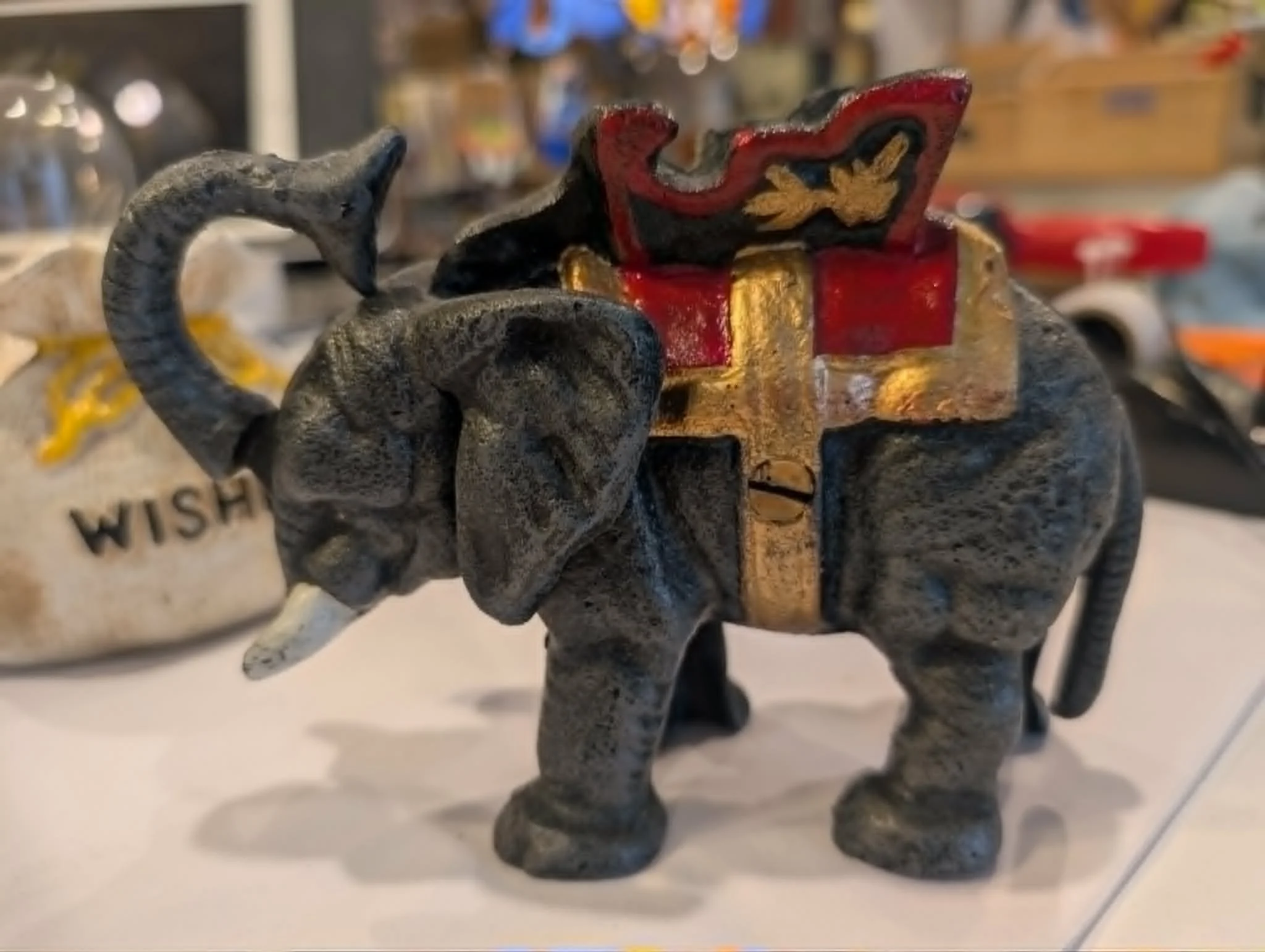 Exquisite Elephant CAST IRON MONEY BOX with Red and Gold Saddle