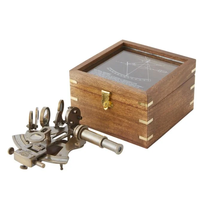 Exquisite Brass Sextant with Handcrafted Wooden Display Box