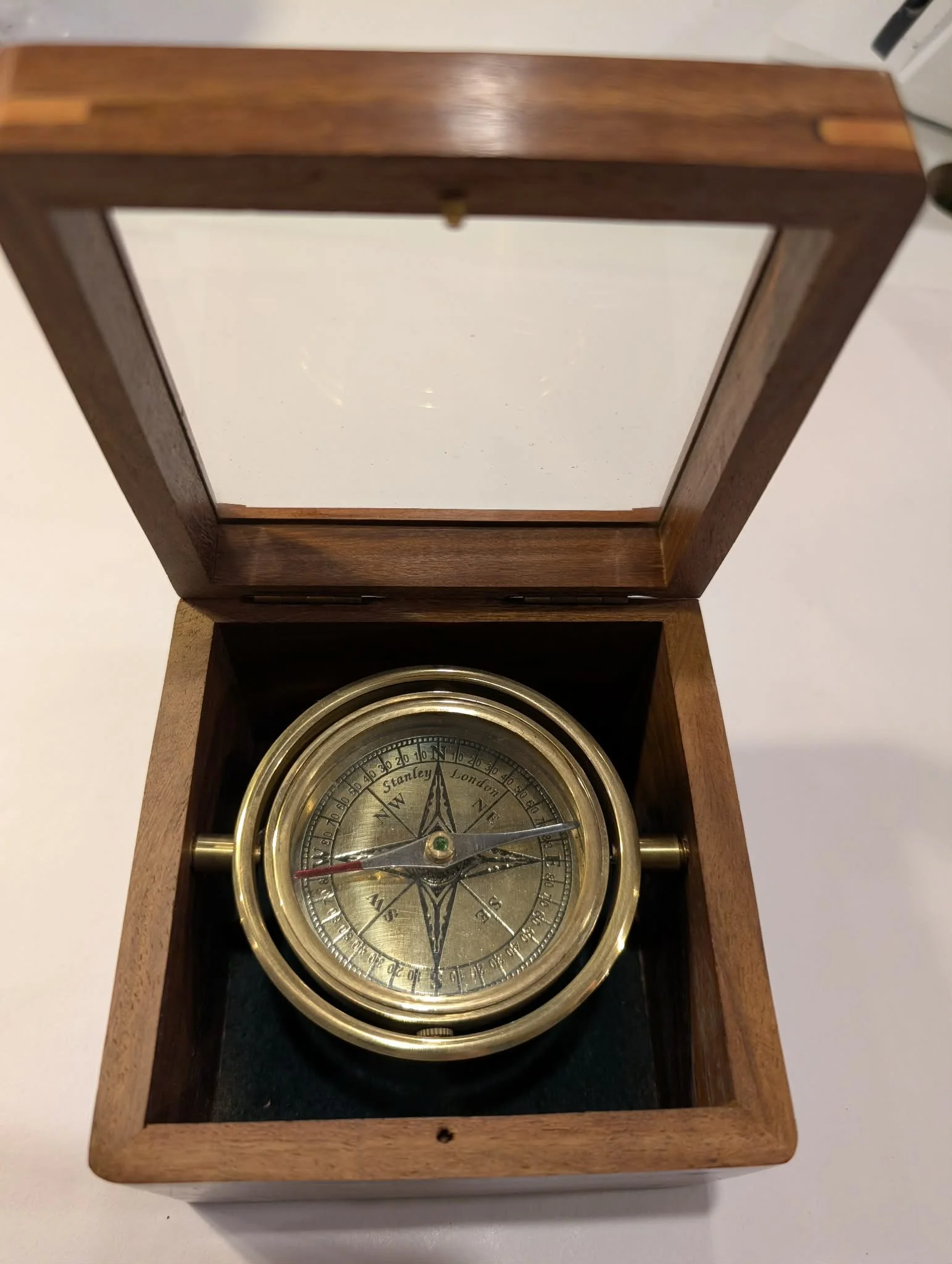 Vintage Brass Compass with Wooden Display Box