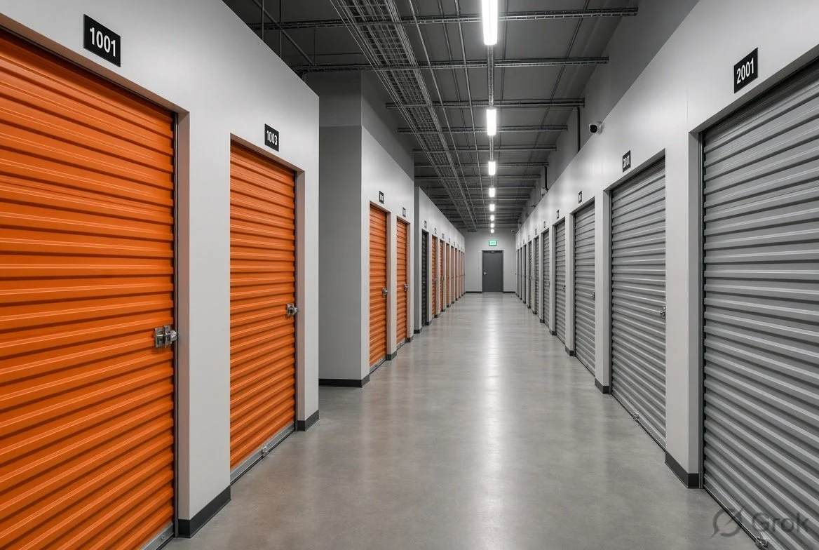 A hallway in a storage facility with orange and gray rolling storage unit doors labeled with unit numbers.