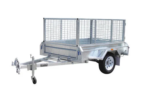Metal utility trailer with open sides and a front gate, attached to a hitch with a jack stand.