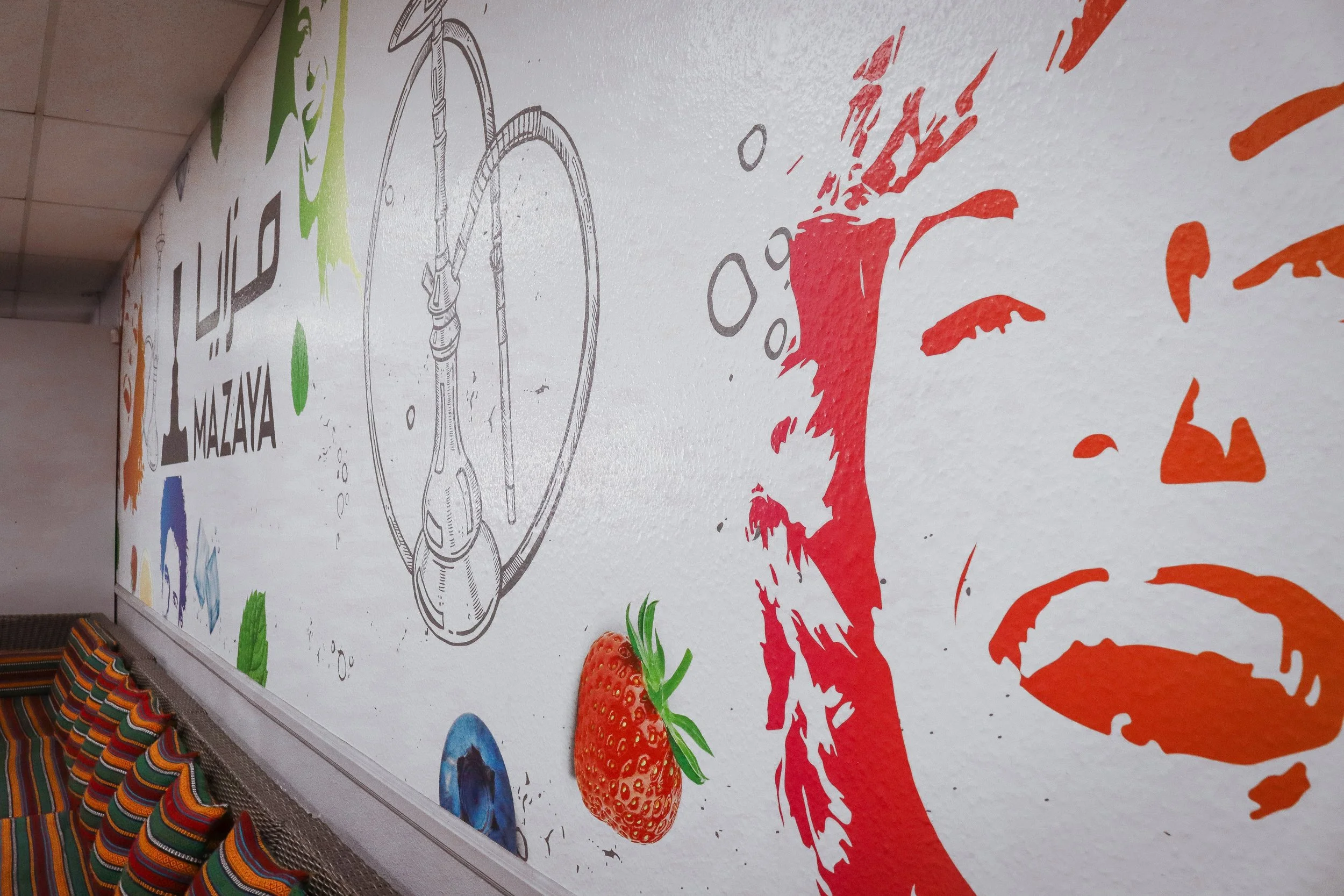 Colorful mural on a wall featuring a black and white sketch of a bicycle, strawberries, blueberries, and a splash of red paint, with some green accents and text that appears to say "maza".