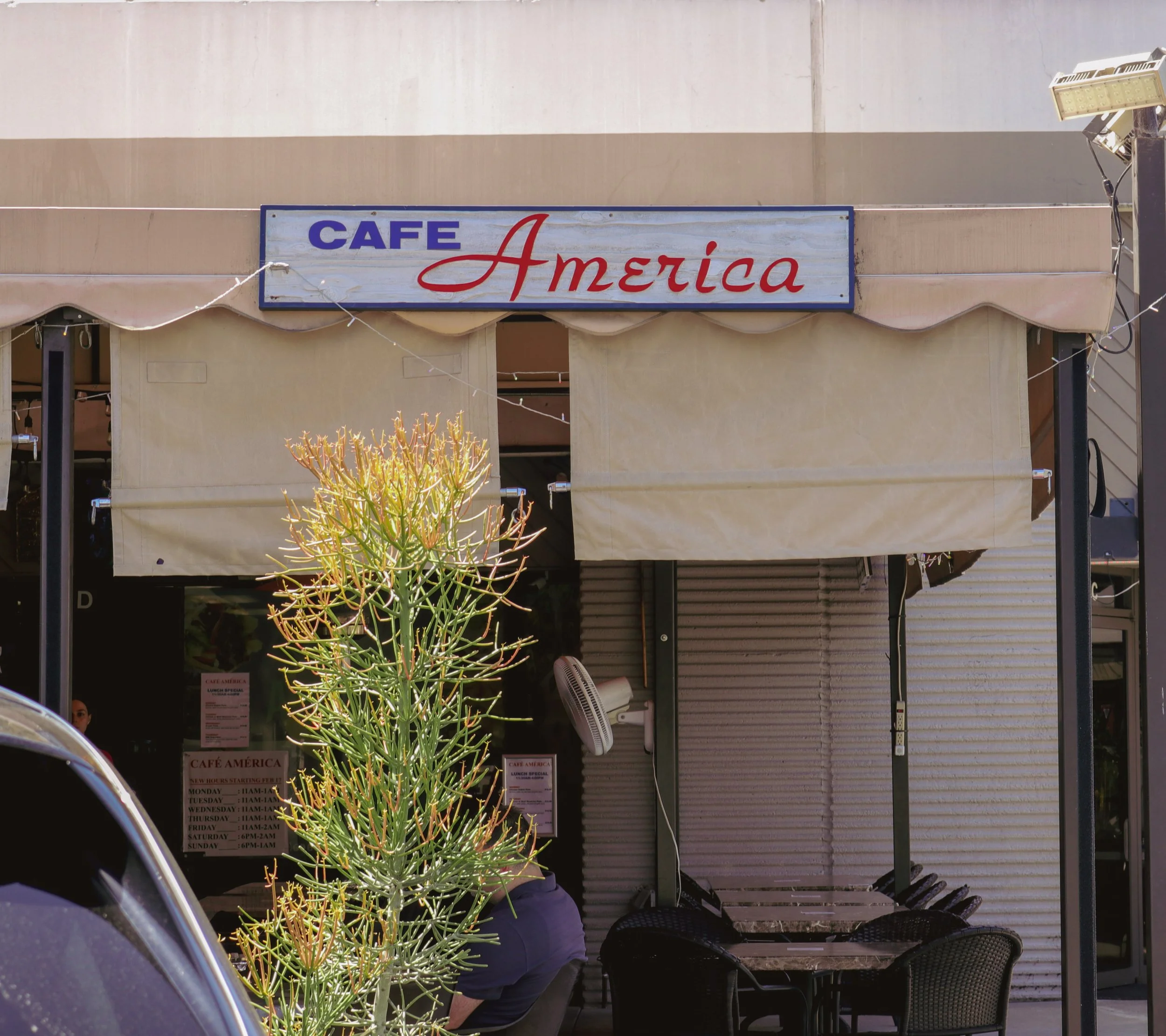 The exterior of a café named Cafe America with a sign that has the word 'America' in red cursive, and a canopy with string lights. There is a person sitting at a table below, a cactus plant in the foreground, and a large floodlight on the right.