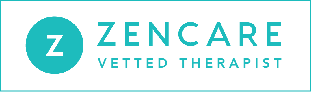 Zencare Vetted Therapist logo with a turquoise circle containing a black letter Z, and text in turquoise that reads 'Zencare Vetted Therapist' on a black background.