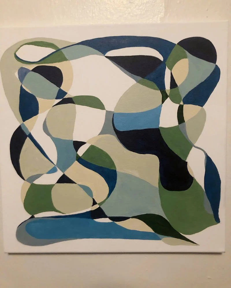 Abstract painting with overlapping curved shapes in shades of blue, green, black, beige, and white.