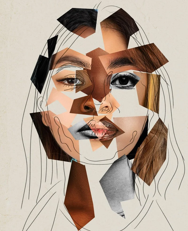 PArts work therapy NYC - Collage of a woman's face with cutouts and sketches overlay, highlighting her eyes, nose, and lips.