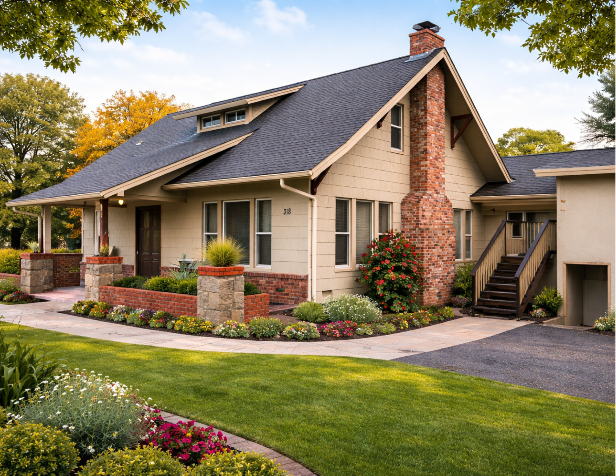 A two-story house with beige siding, a large brick chimney, a dark roof, and a small staircase leading to the side entrance. The house is surrounded by a well-manicured lawn and colorful flower beds.