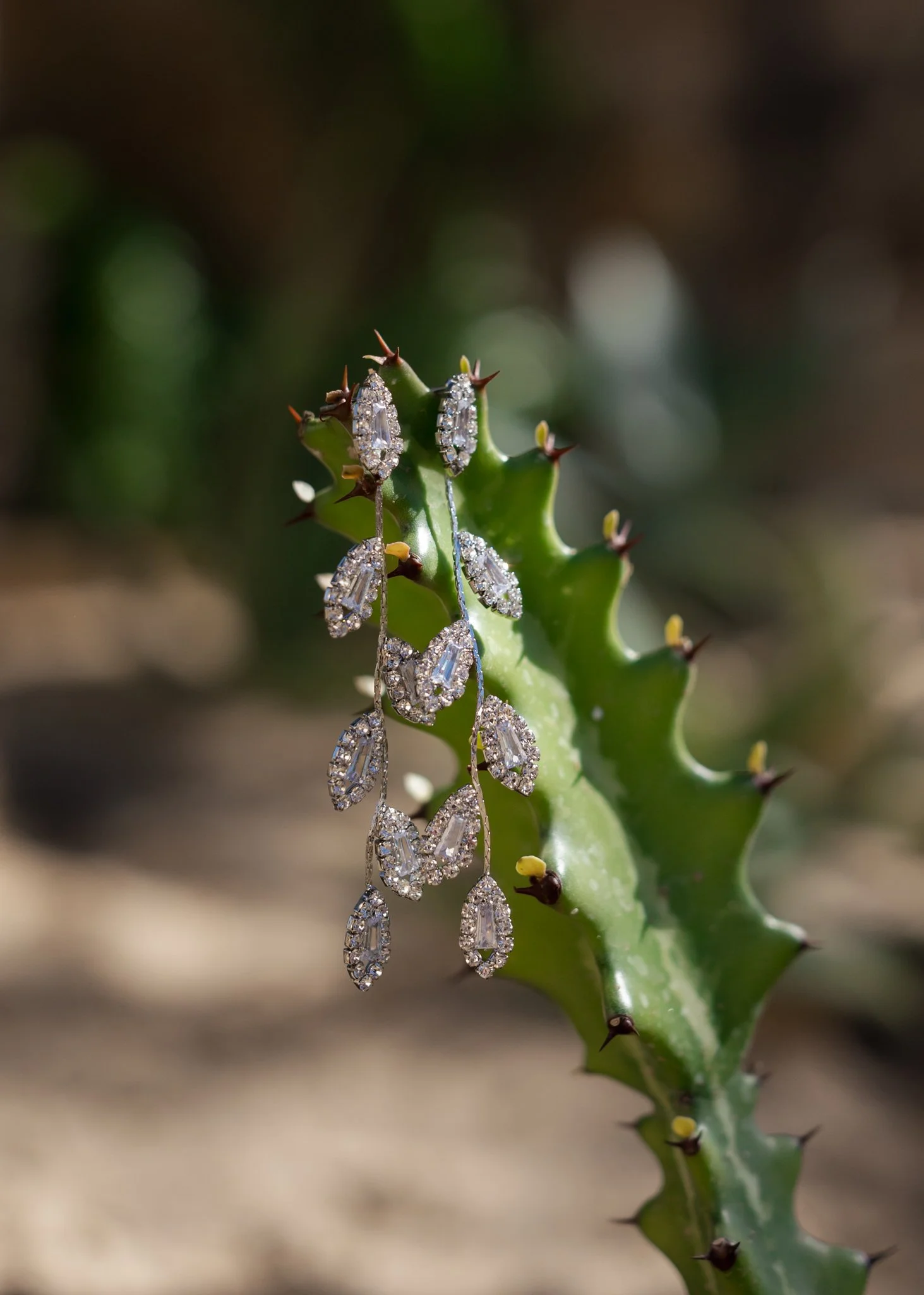 Close-up of a green holly plant with small yellow buds and black thorns, adorned with dangling, diamond-encrusted jewelry.