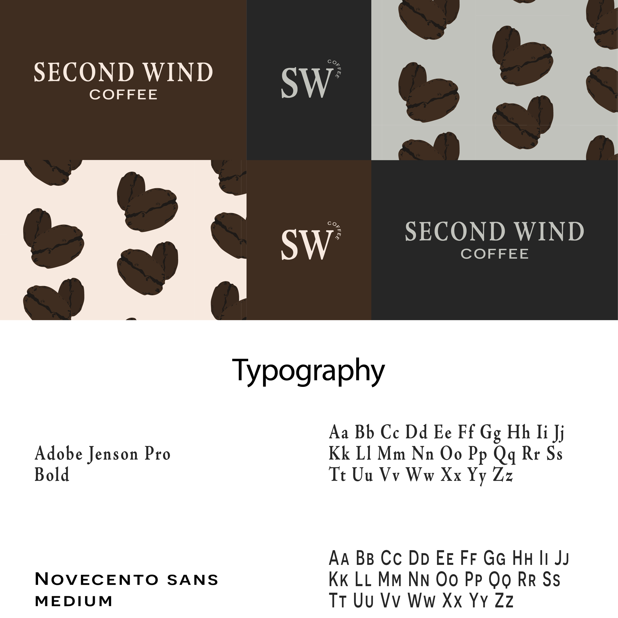 Main logo and secondary logo in light tan over brown background, logos in light blue over black background, pattern of coffee beans over light tan and light blue background, typography examples listed as jenson pro and novecento sans 
