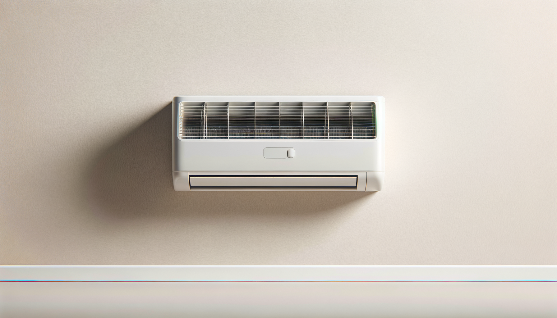 White wall-mounted air conditioner with vents and control switch, casting a shadow on a beige wall.