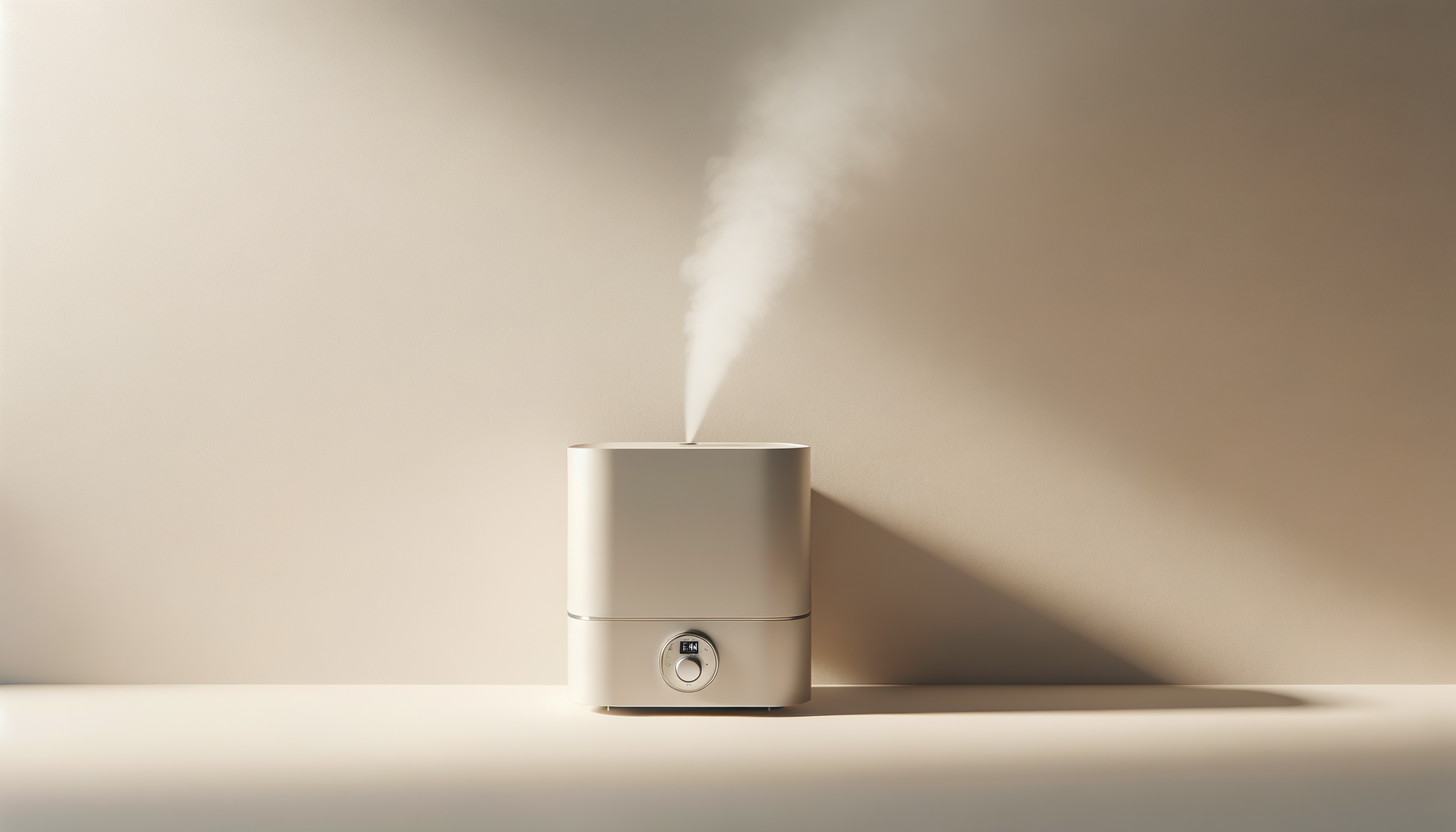 A white ultrasonic humidifier emitting a mist of humidity in a neutral room.