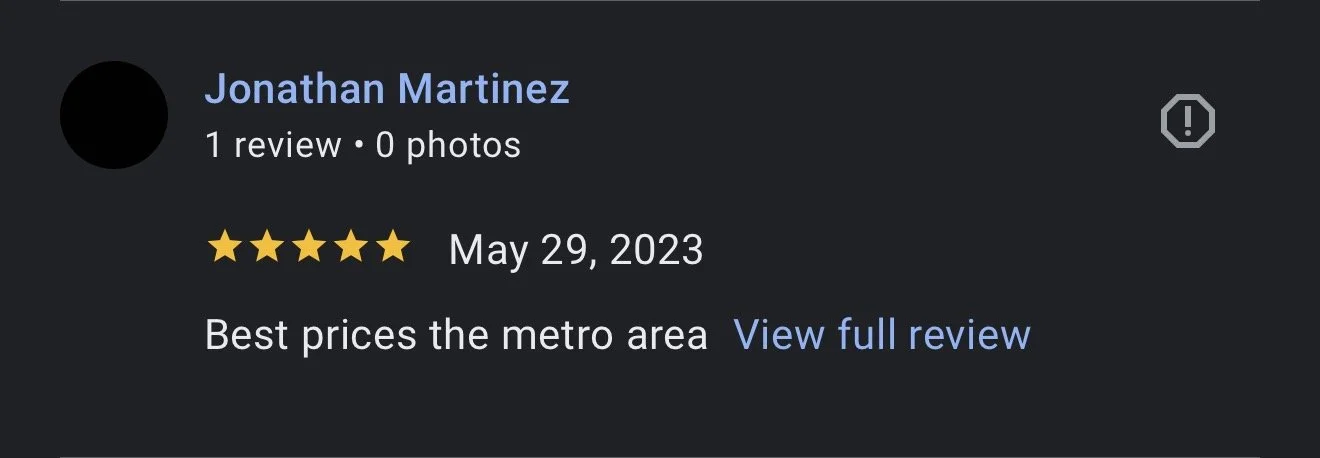 Screenshot of a Google review by Jonathan Martinez, rating five stars, dated May 29, 2023, praising the prices in the metro area.