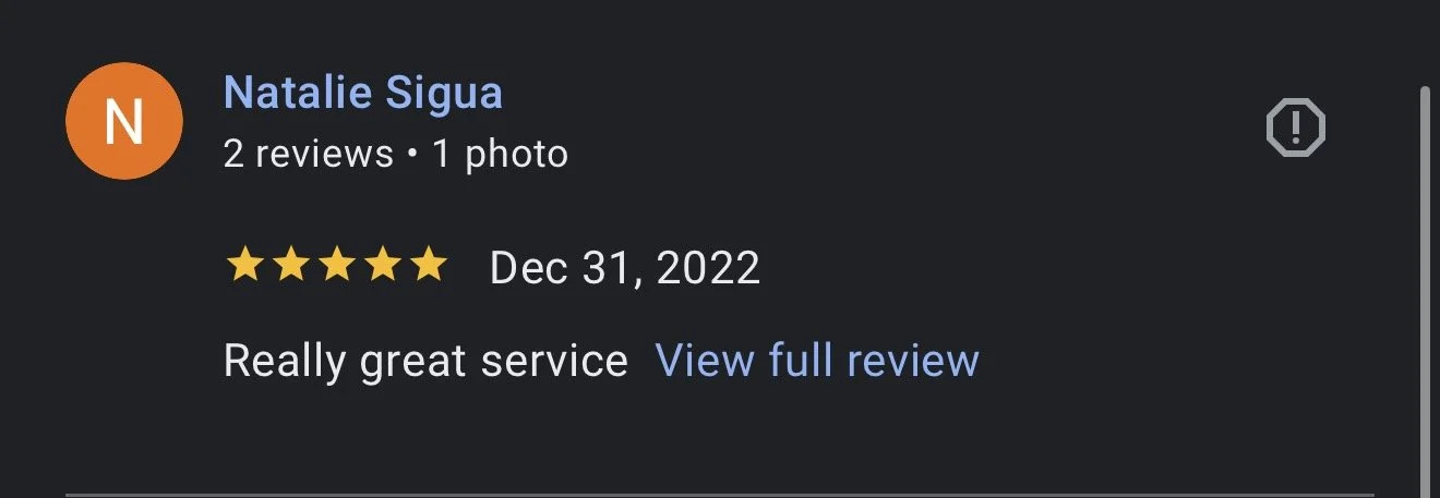 Screenshot of a Google review for a business, posted by Natalie Sigu, with five stars and the comment "Really great service," dated December 31, 2022.