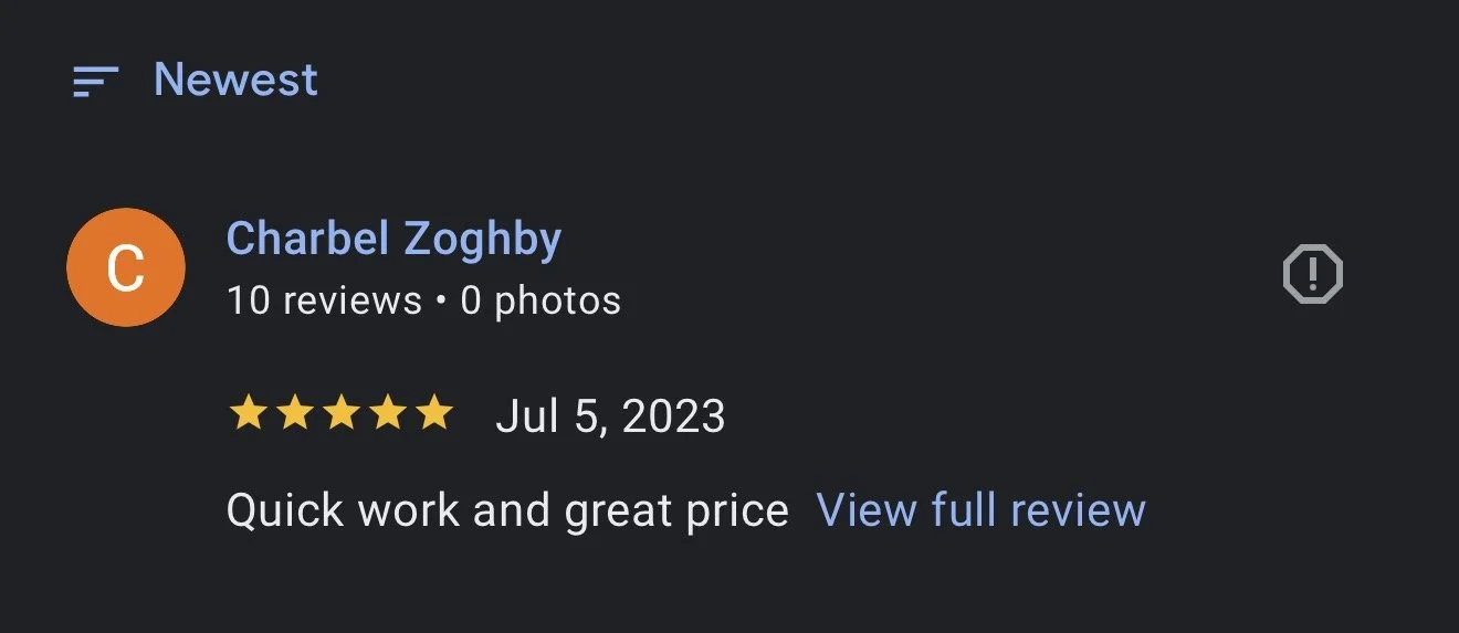 Google business profile review for Charbel Zoghby, showing a 5-star rating, posted on July 5, 2023, with the comment "Quick work and great price."