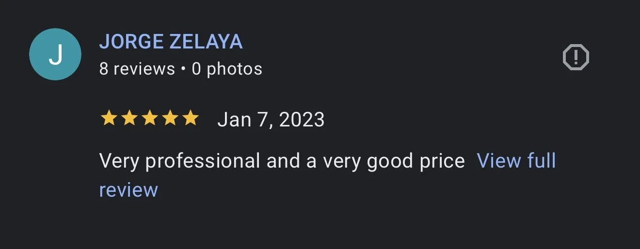 Screenshot of a Google reviews profile for Jorge Zelaya, showing 8 reviews, no photos, five-star rating, dated January 7, 2023, with the review text: 'Very professional and a very good price.'