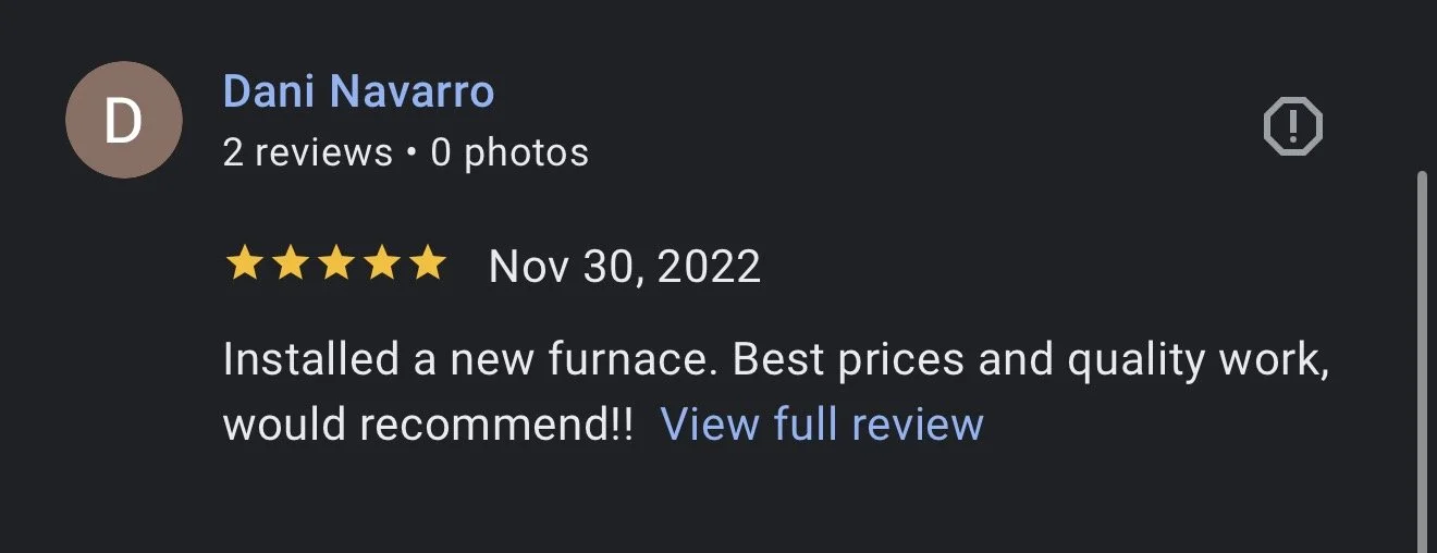 Google review for Dani Navarro with five stars, dated November 30, 2022, praising the installation of a new furnace and recommending the quality work and best prices.