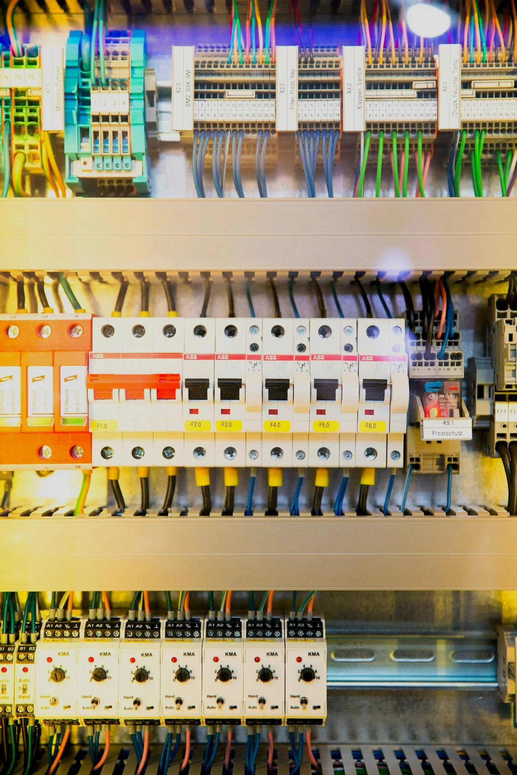 Electrical control panel with various circuit breakers, relays, and wiring.