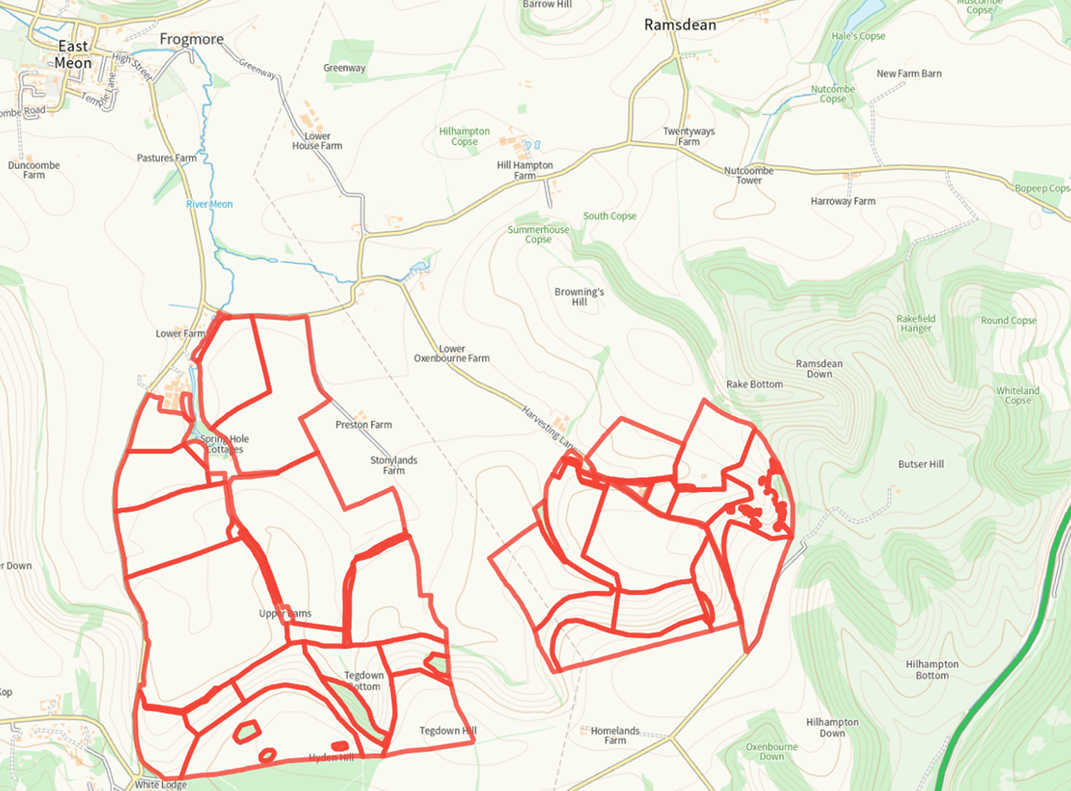 Map with red lines indicating paths or routes on farmland with farm names, roads, and topographical features.