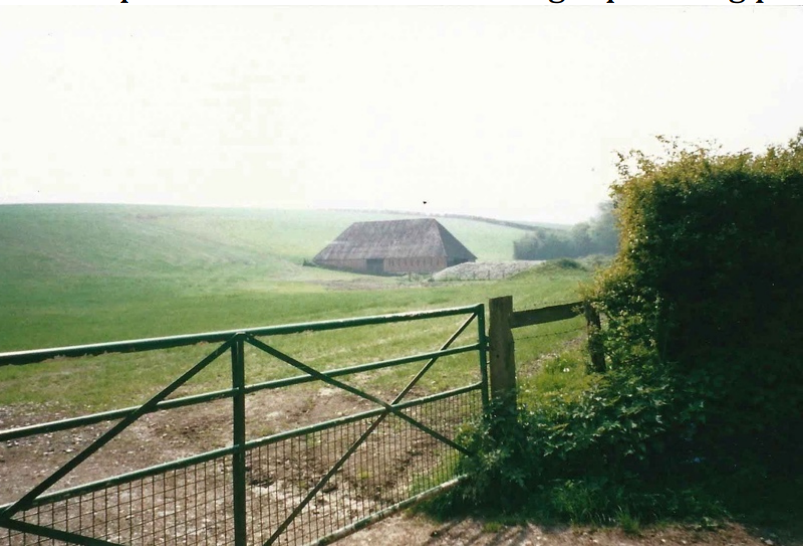A rural landscape with a metal gate in the foreground, a grassy field, and a barn in the distance under an overcast sky.