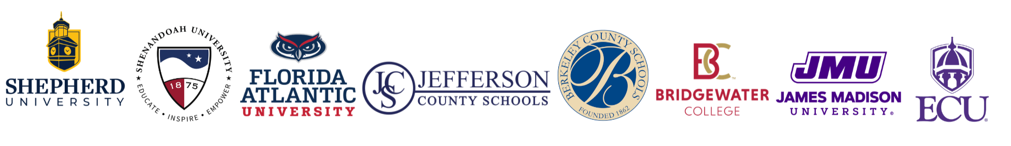 Logos of various universities and school districts, including Shepherd University, Bermuda Atlantic University, Jefferson County Schools, Berkeley County Schools, Bridgewater College, James Madison University, and East Carolina University.