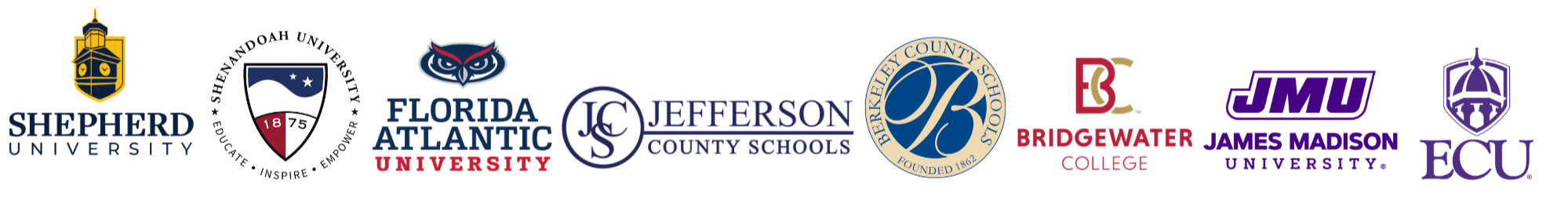 Logos of eight universities and school districts, including Shepherd University, Shenandoah University, Florida Atlantic University, Jefferson County Schools, Berkeley County Schools, Bridgewater College, James Madison University, and Eastern Carolina University.