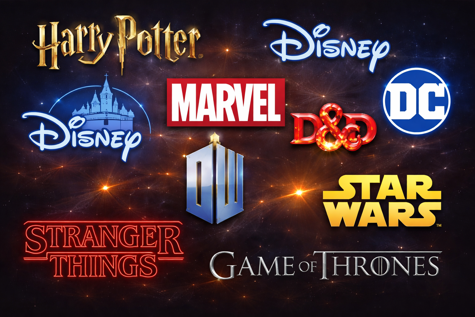 Collection of logos from popular entertainment franchises: Harry Potter, Marvel, Disney, DC, Dungeons & Dragons, Star Wars, Stranger Things, Game of Thrones, and a logo resembling the Doctor Who series.