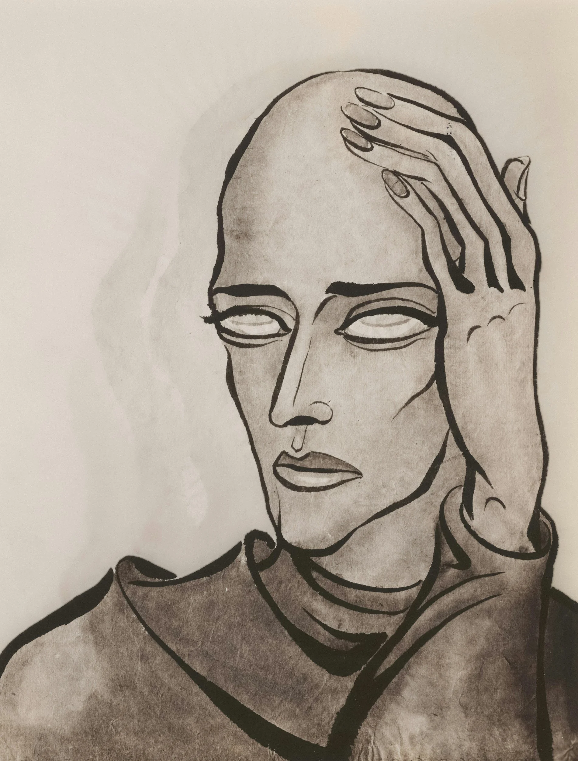 Black and white portrait sketch of a person with a serious expression, hand placed on their forehead, wearing a sleeveless top.
