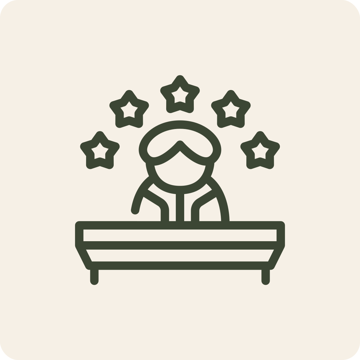 Line drawing of a person wearing a cap, sitting at a desk with five stars above their head.