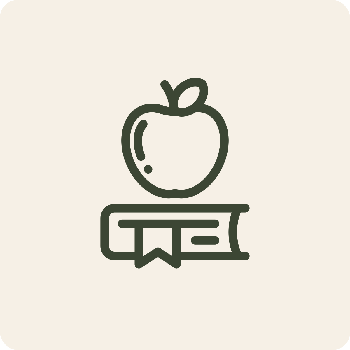 Minimalist icon of an apple with a leaf, sitting on a closed book with a bookmark.