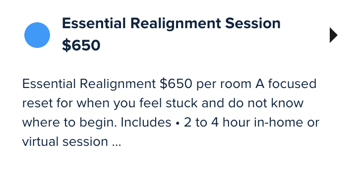 Information about an Essential Realignment Session priced at $650, including details about the session duration and purpose.