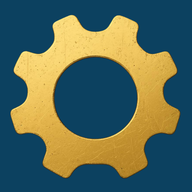 A close-up of a gold-colored gear or cog against a dark blue background.