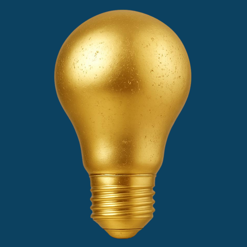 A light bulb painted gold against a dark background.