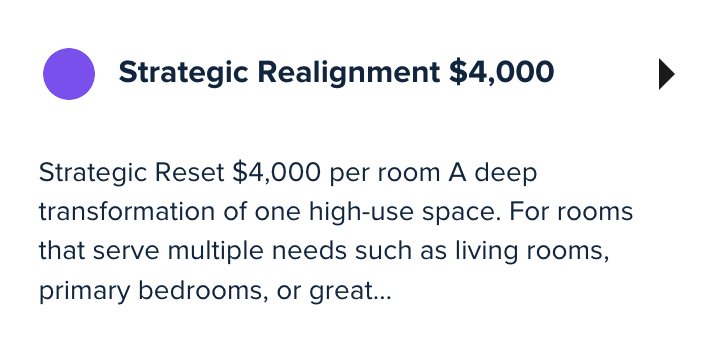 Text about strategic realignment offering a $4,000 per room reset for transforming high-use spaces like living rooms and bedrooms.