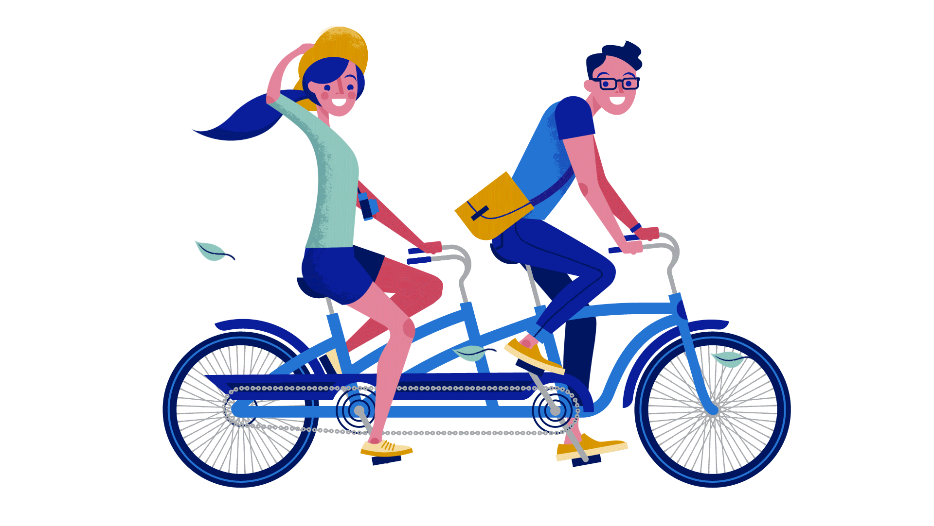Illustration of a smiling woman and man riding a tandem bicycle together. The woman is wearing a yellow hat, light mint top, dark blue shorts, and yellow shoes. The man is wearing glasses, a blue shirt, dark pants, and yellow shoes. The background is white with some falling leaves.
