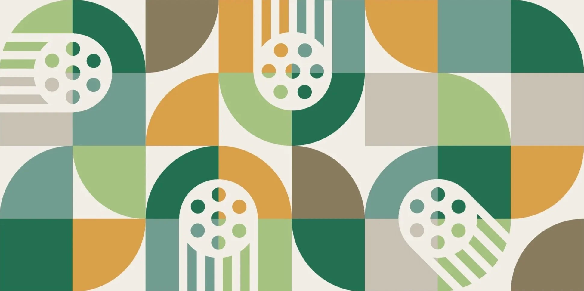 A geometric abstract pattern featuring stylized white guitars with circular holes, set against blocks of muted green, teal, beige, and mustard colors.