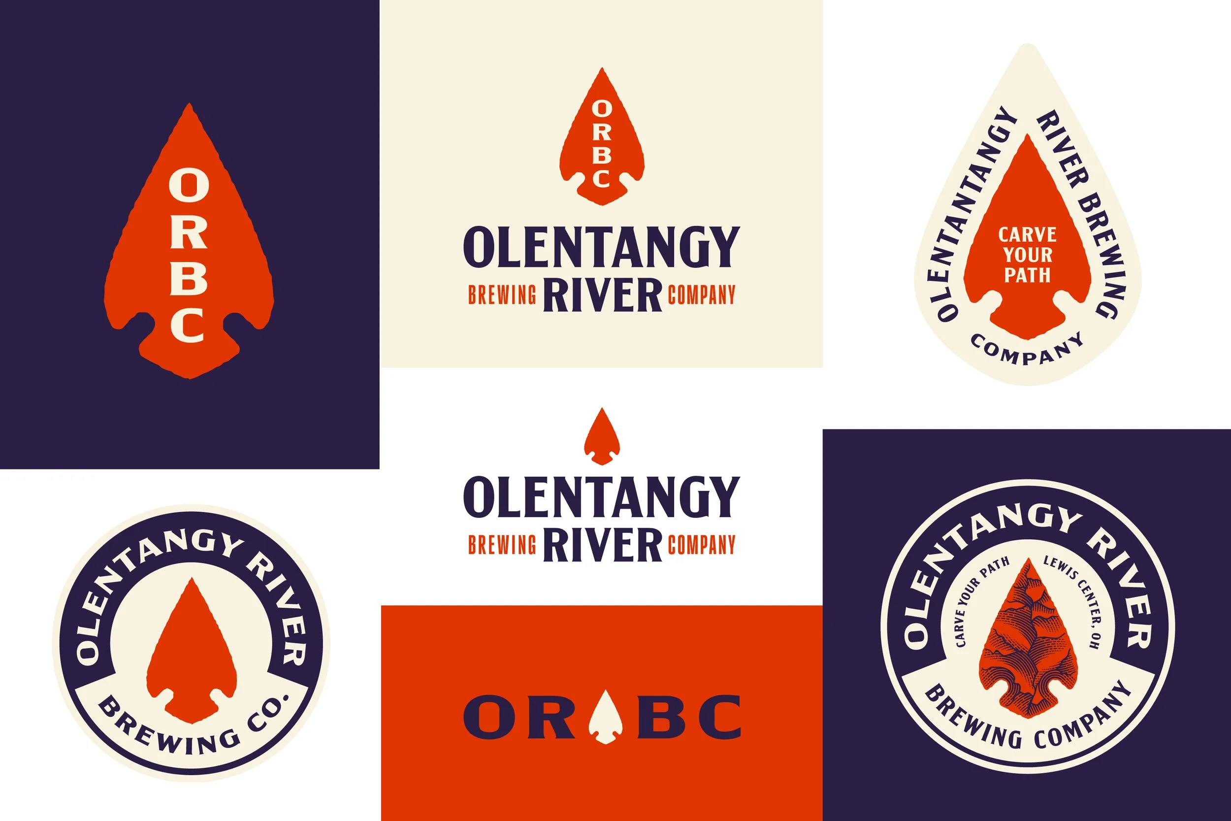 Multiple logos for Olentangy River Brewing Company featuring a red arrowhead with white text and surrounding circular designs with text.