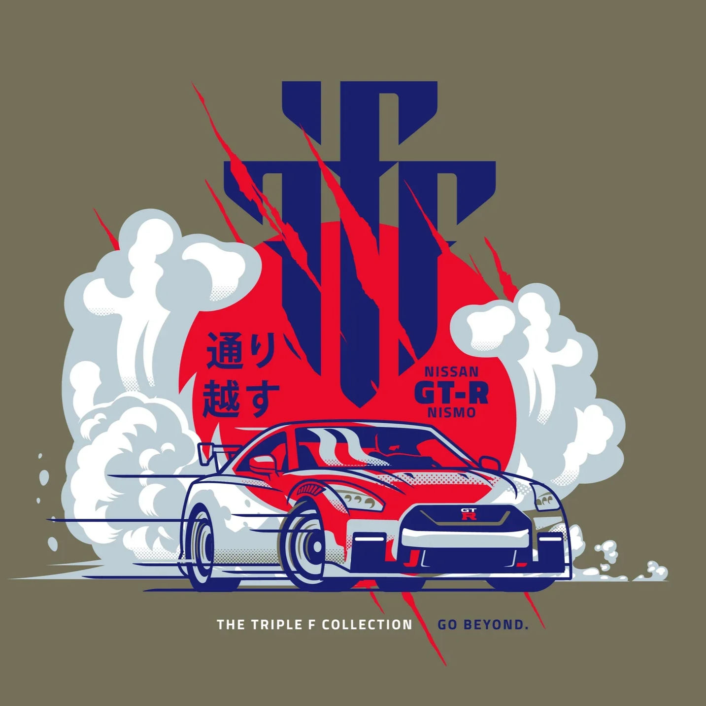 Illustration of a red Nissan GT-R sports car with smoke and tire marks behind it, Japanese characters and the words "Nissan GT-R Nismo". A large stylized Japanese character with red lightning bolts extends from behind the car. Text at the bottom reads "The Triple F Collection" and "Go Beyond."