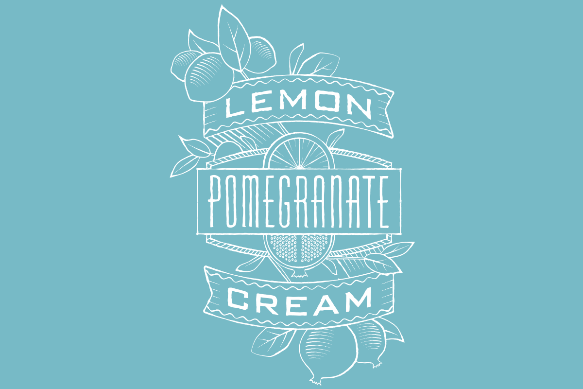 Line drawing of lemon, pomegranate, and other citrus fruits with banners reading "Lemon," "Pomegranate," and "Cream" on a light blue background.