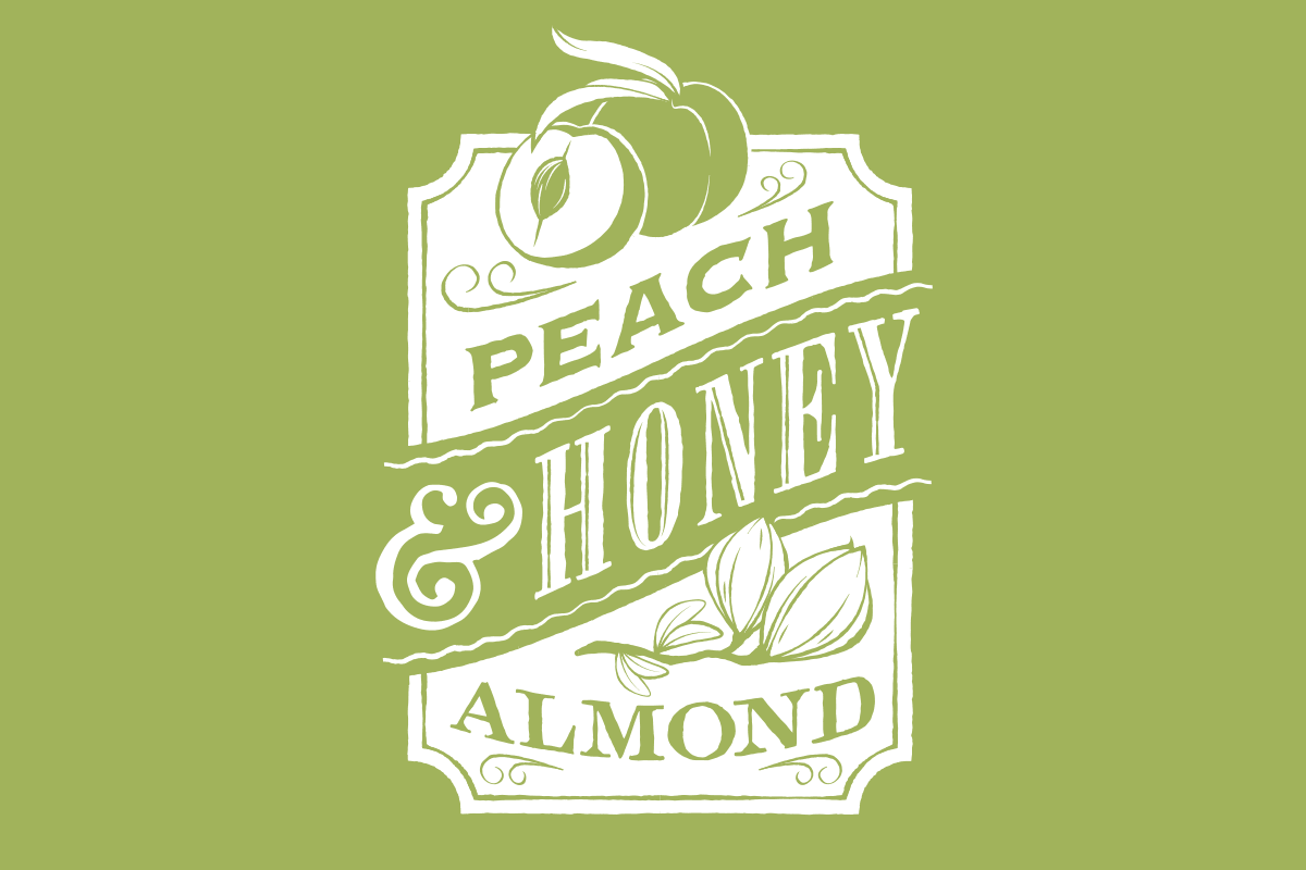 Illustration of a label with a green background and white text advertising peach and honey flavored almond product, featuring illustrations of peaches and almonds.