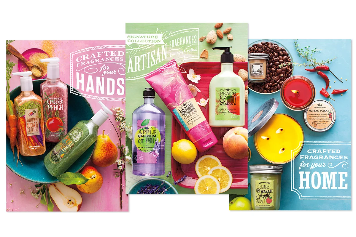 Collection of scented candles, body lotions, and natural ingredients including fruits, herbs, and spices arranged on colorful backgrounds, promoting handcrafted fragrances for home and hands.