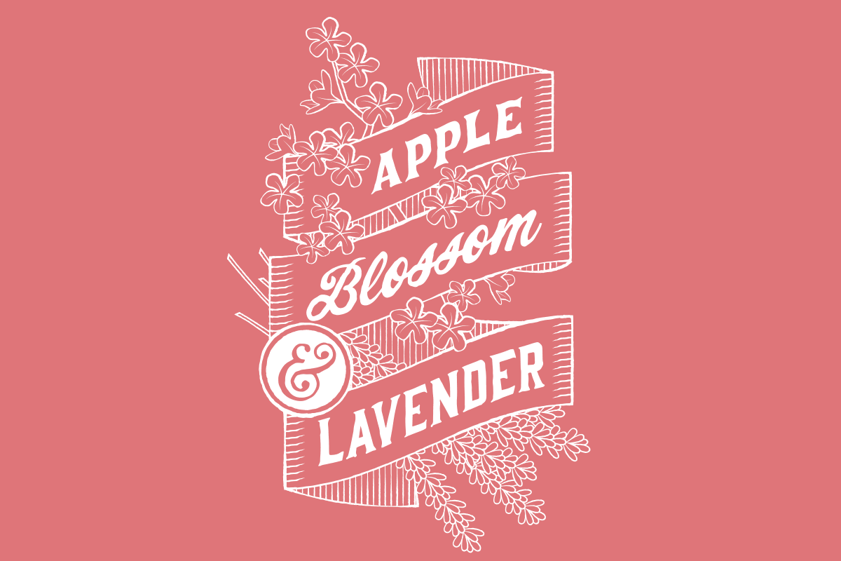White line drawing of herbs and flowers with the words "Apple Blossom & Lavender" on pink background.