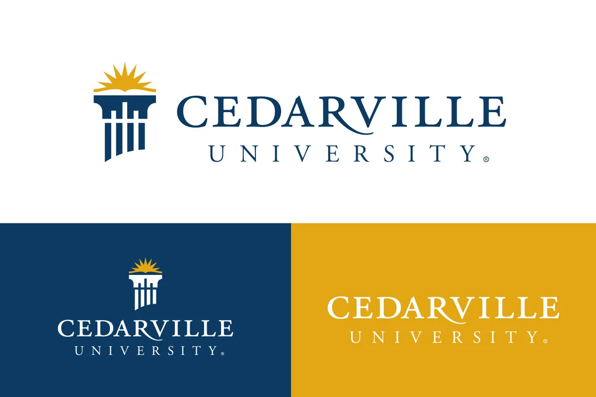 Logo of Cedarville University with a stylized column and sunburst in navy blue, white, and gold colors.
