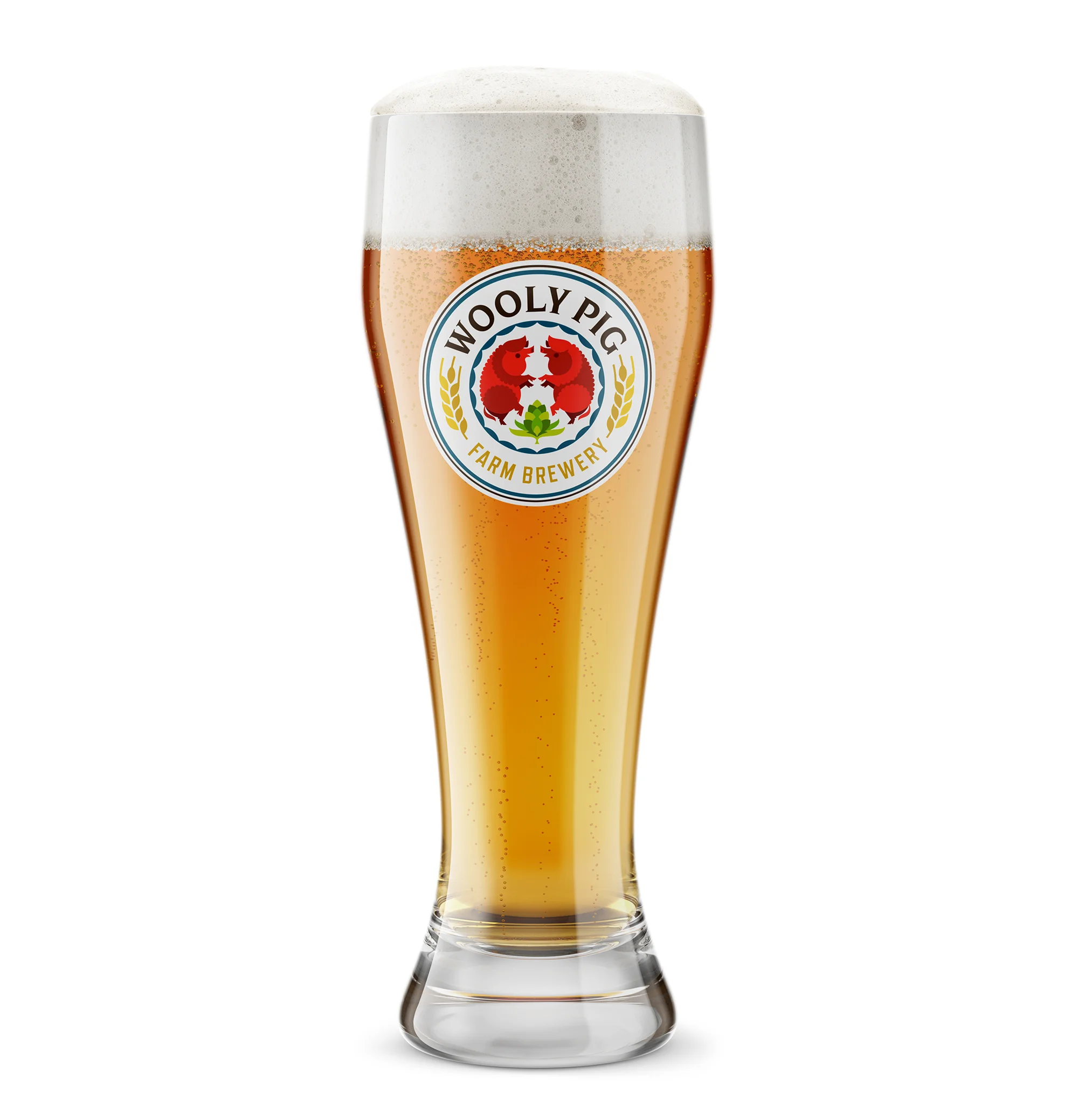 A glass of beer with a frothy head and a label that reads 'Wooly Pig Farm Brewery' featuring two red pigs facing each other encircled by wheat and green leaves.