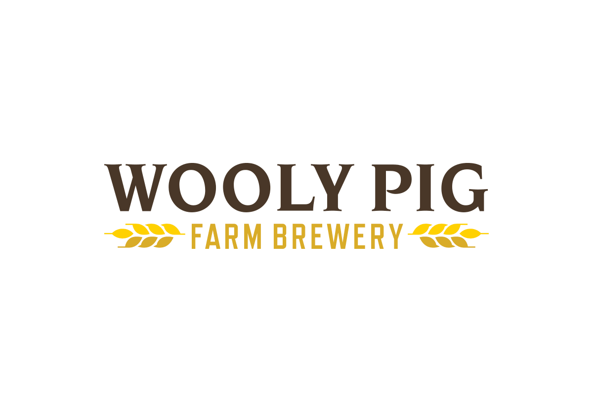 Wooly Pig Farm Brewery logo with the name in large brown letters and wheat graphic in yellow beneath it, centered on a white background.