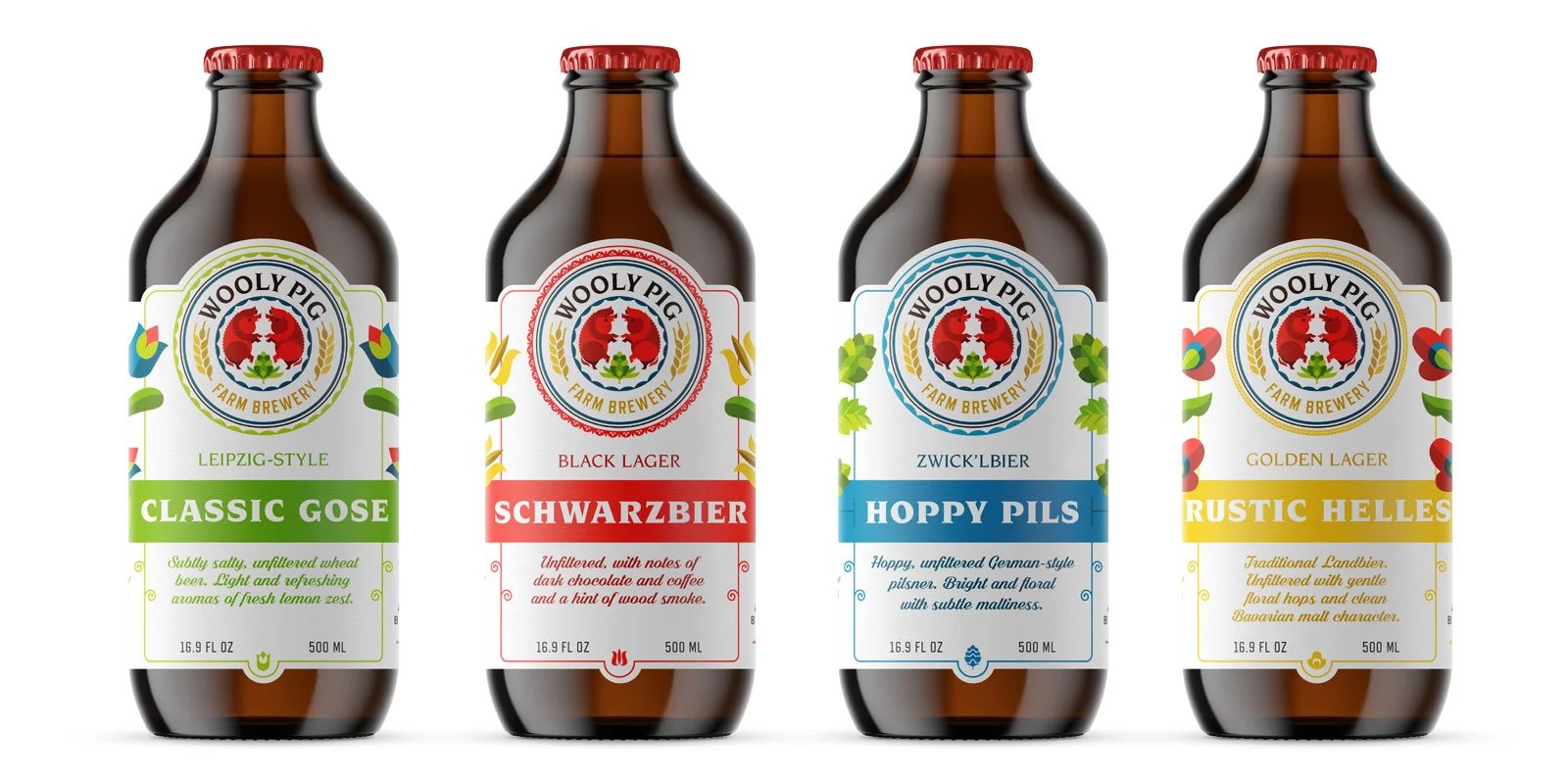Four bottles of Woolly Pig Farm Brewery beer with colorful labels, including Classic Gose, Schwarzbier, Hoppy Pils, and Rustic Helles, arranged in a row.
