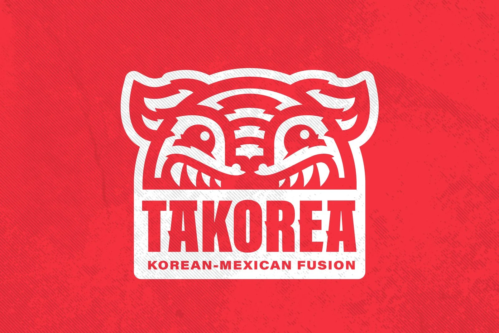 Logo with a stylized tiger face and the word 'TAKOREA' below, with the subtitle 'KOREAN-MEXICAN FUSION' on a red background.