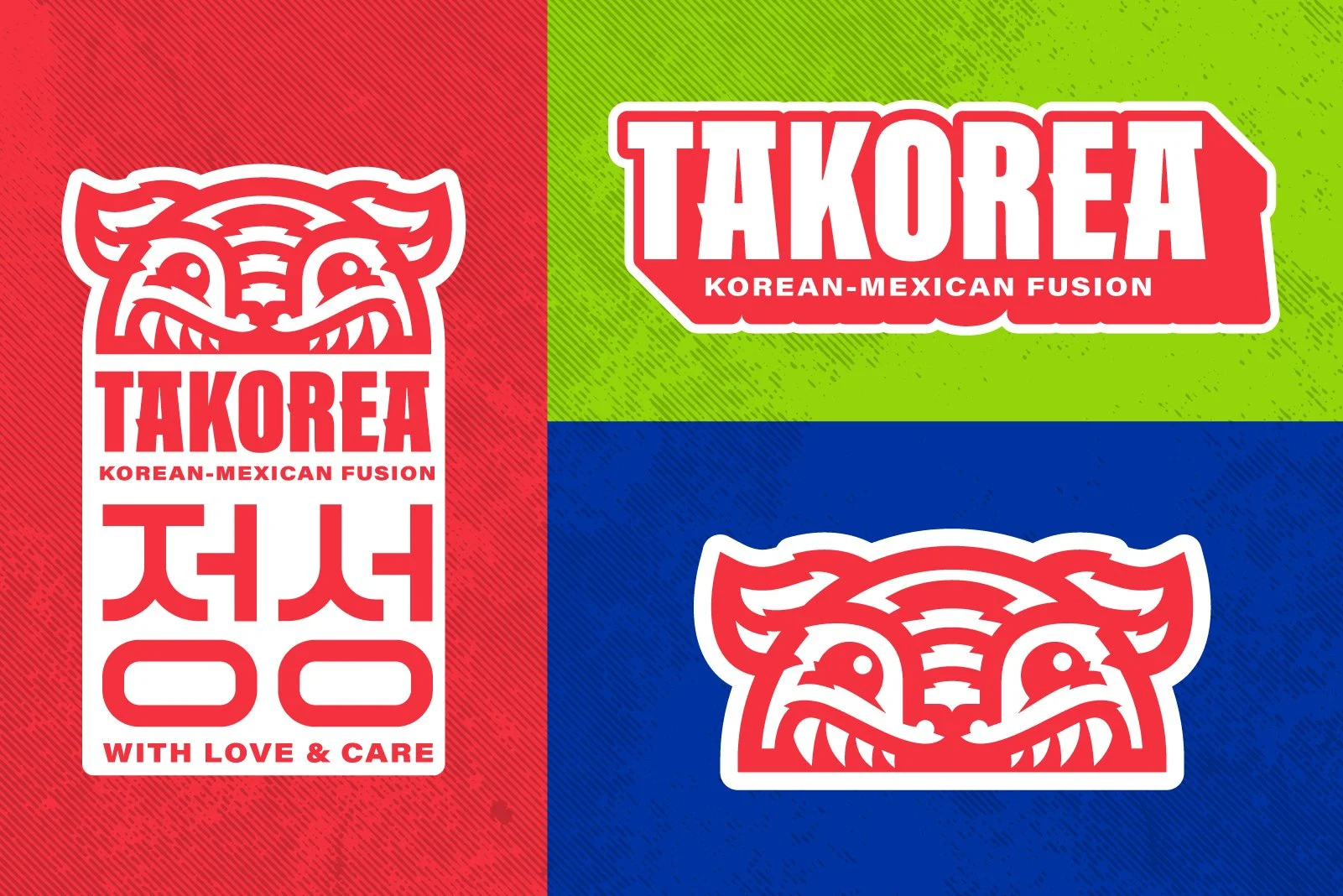 Colorful sign with a red, green, and blue background, featuring a logo of a stylized tiger face in white with red accents. The text on the sign reads 'TAKOREA, KOREAN-MEXICAN FUSION'. The left side has a white block with Korean characters and the phr